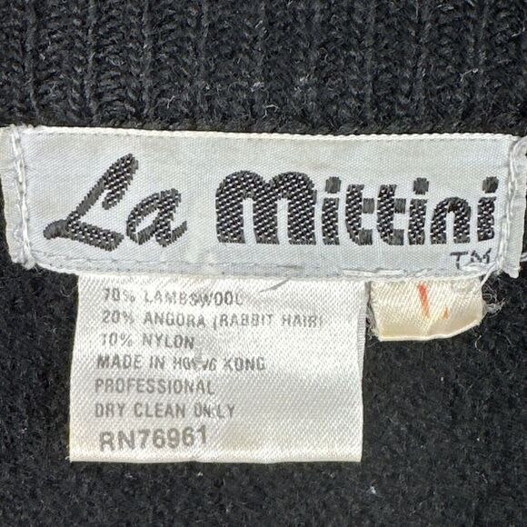 VTG  80s La Mittini Wool Angora Sweater L Black Floral Embroidered Beaded Retro - Picture 6 of 13